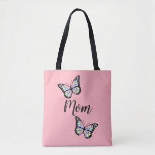Cute Pink and Black Text Mum and Butterflies Tote Bag