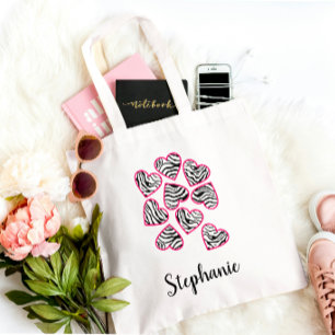Cute Pink and Black Zebra Stripes Chic Fun Name Tote Bag