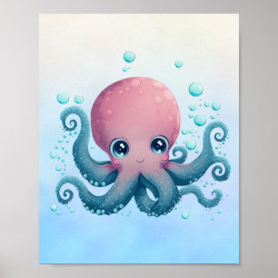 Cute pink and blue baby octopus poster