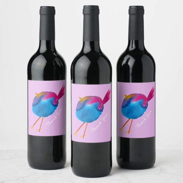 Cute pink and blue bird wine label (Bottles)