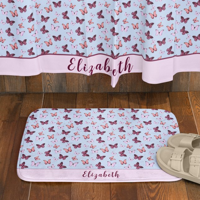 Cute Pink and Blue Butterfly Custom Name Girly Bath Mat (Creator Uploaded)
