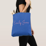 Cute Pink and Blue Calligraphy Modern Personalized Tote Bag<br><div class="desc">A cute modern simple design of your name in a fun typography style in millennial pink on a cobalt blue background.</div>