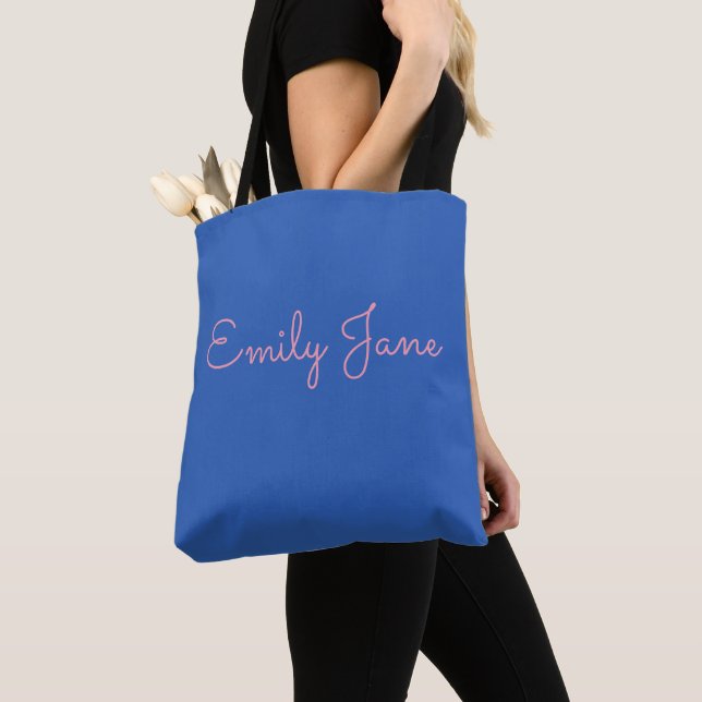 Cute Pink and Blue Calligraphy Modern Personalized Tote Bag (Close Up)