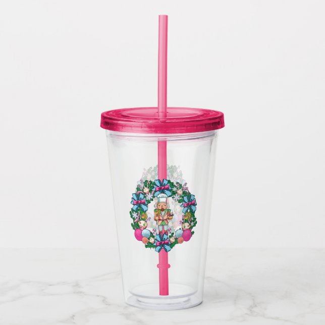 Cute Pink And Blue Christmas Nutcracker Wreath Acrylic Tumbler (Front)
