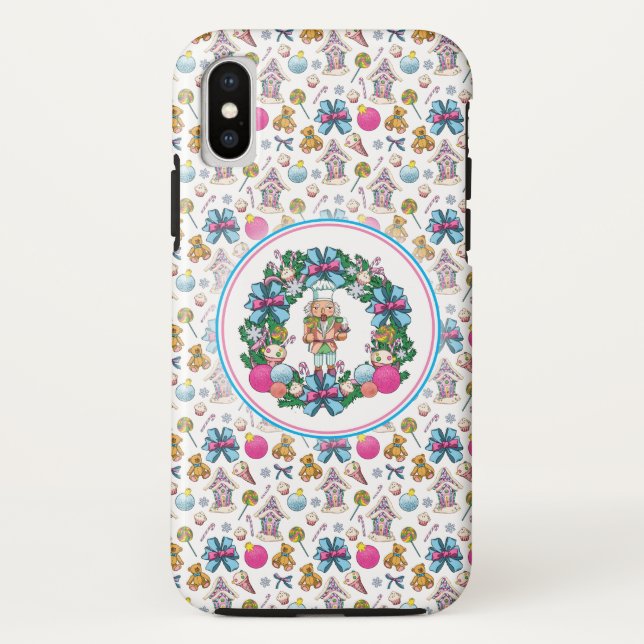 Cute Pink And Blue Christmas Nutcracker Wreath Case-Mate iPhone Case (Back)