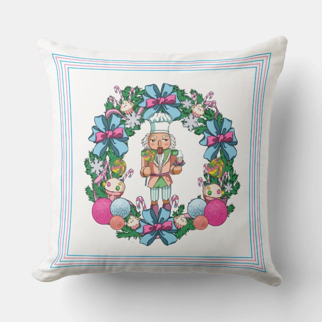 Cute Pink And Blue Christmas Nutcracker Wreath Cushion (Front)