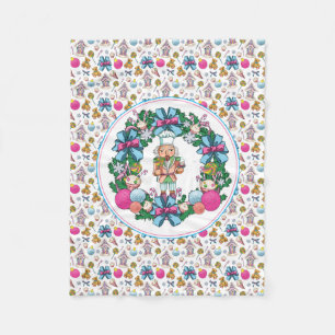 Cute Pink And Blue Christmas Nutcracker Wreath Fleece Blanket