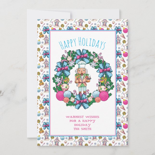 Cute Pink And Blue Christmas Nutcracker Wreath Holiday Card (Front)
