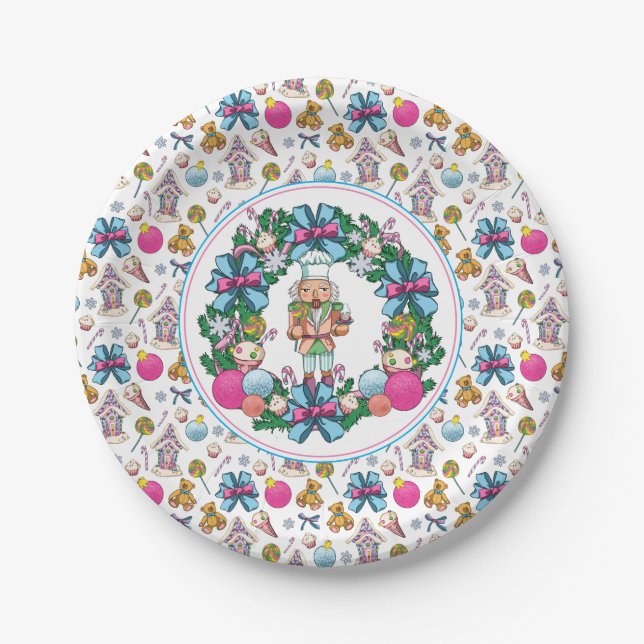 Cute Pink And Blue Christmas Nutcracker Wreath Paper Plate (Front)