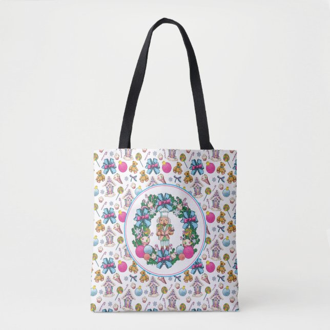 Cute Pink And Blue Christmas Nutcracker Wreath Tote Bag (Front)