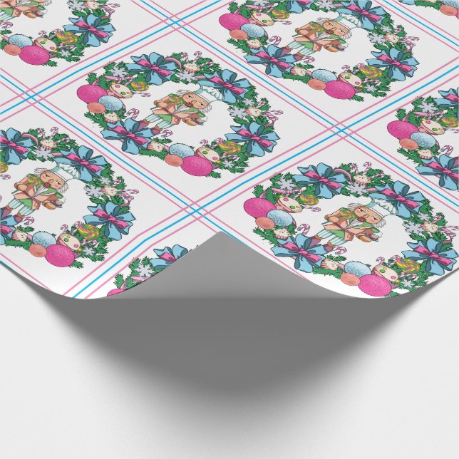 Cute Pink And Blue Christmas Nutcracker Wreath Wrapping Paper (Corner)