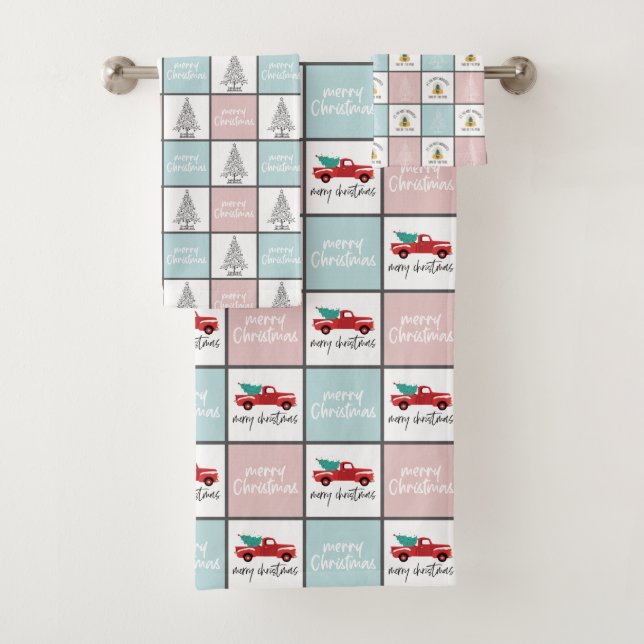 Cute pink and blue Christmas Pattern Tree Truck Bath Towel Set (Insitu)