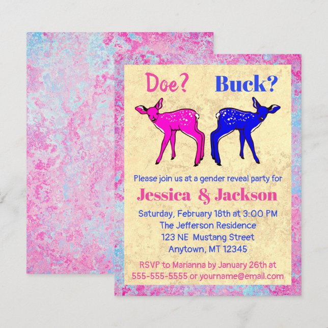 Cute Pink and Blue Fawns Gender Reveal Invitation (Front/Back)