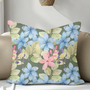 Cute Pink And Blue Floral Watercolor Dark Green Cushion