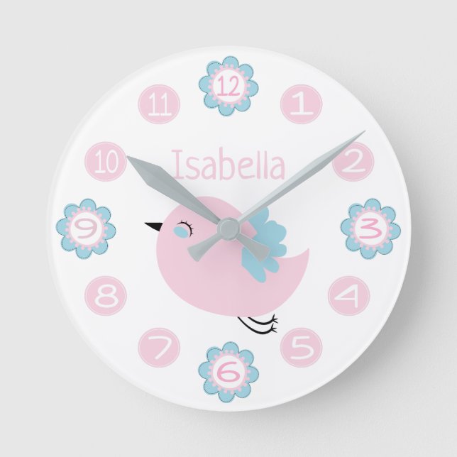 Cute Pink and Blue Flower and Bird Custom Round Clock (Front)