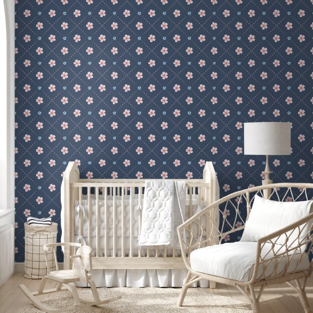 Cute Pink And Blue Flower Plaid On Blue-Grey Wallpaper (Kids)