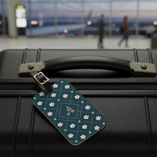 Cute Pink And Blue Flower Plaid On Dark Teal Luggage Tag