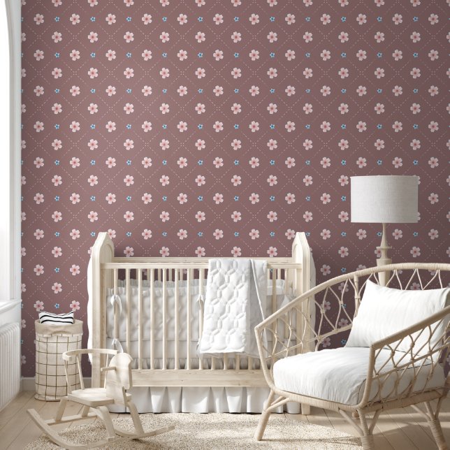 Cute Pink And Blue Flower Plaid On Mauve Wallpaper (Kids)