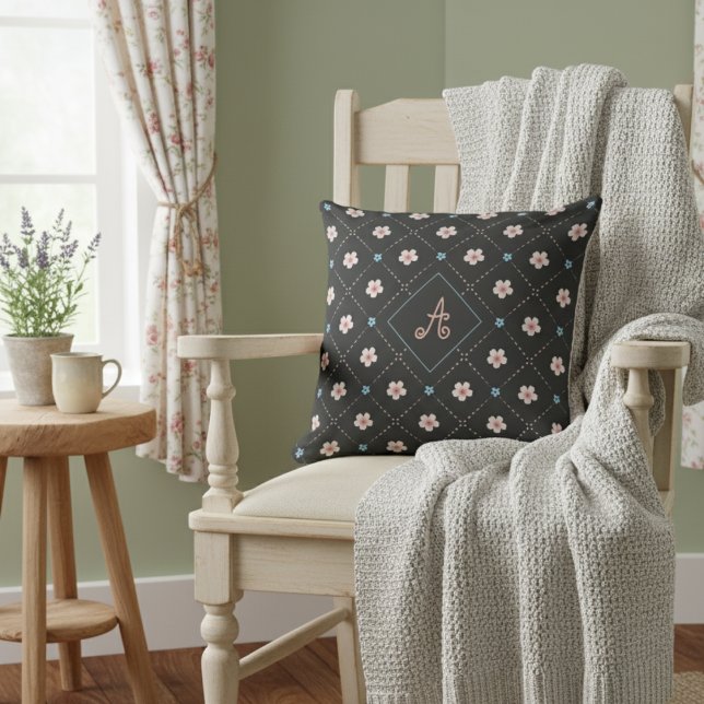 Cute Pink And Blue Flower Plaid Pattern On Black Cushion (Creator Uploaded)