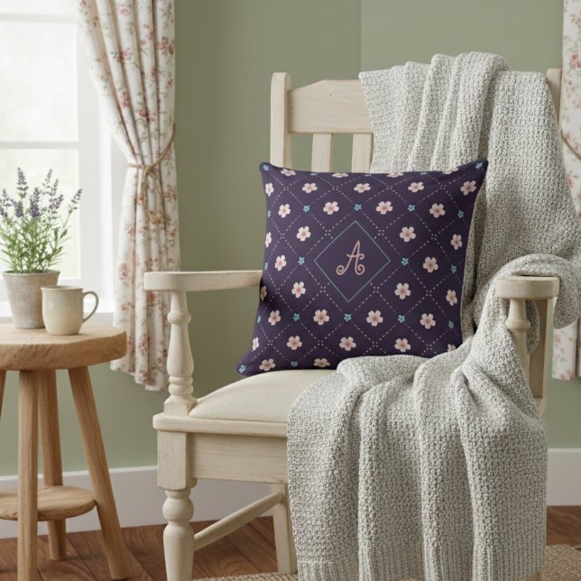 Cute Pink And Blue Flower Plaid Pattern On Purple Cushion (Creator Uploaded)