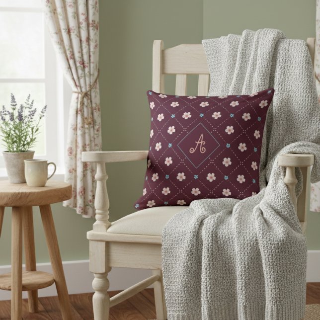 Cute Pink And Blue Flower Plaid Pattern On Red Cushion (Creator Uploaded)