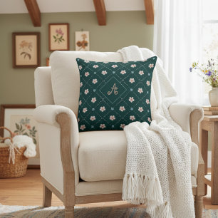 Cute Pink And Blue Flower Plaid Pattern On Teal Cushion