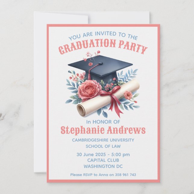 Cute pink and blue Graduation Invitation (Front)