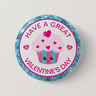 Cute Pink and Blue Heart Cupcake Valentine's Day 6 Cm Round Badge