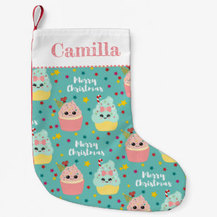 Cute Pink and Blue Kawaii Christmas Cupcakes Girls Small Christmas Stocking