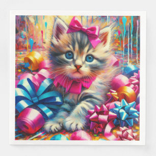 Cute Pink and Blue Kitten Girl's Birthday Napkin