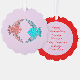 Cute Pink and Blue Love Birds Custom Tree Decoration Card