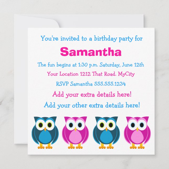 Cute Pink and Blue Owl Birthday Invitation (Front)