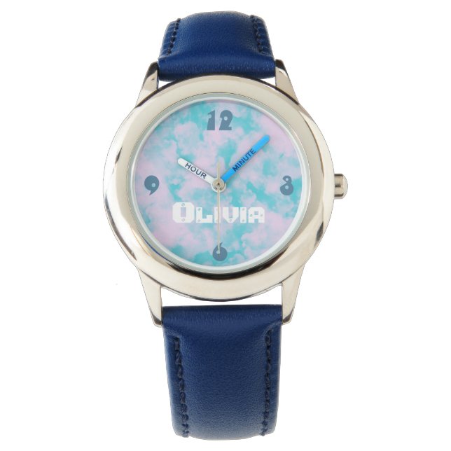 Cute Pink and Blue Sky Clouds Personalised Watch (Front)