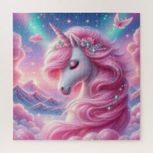 Cute pink and blue unicorn glitter bright jigsaw puzzle