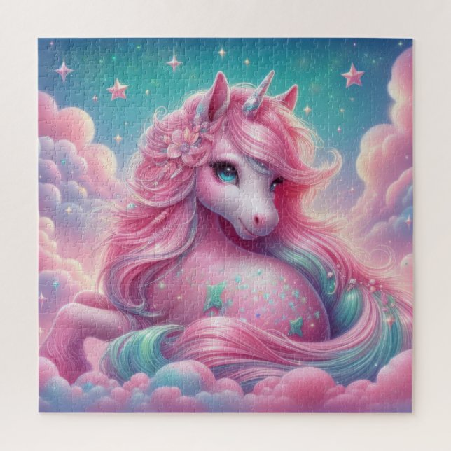 Cute pink and blue unicorn glitter bright jigsaw puzzle (Vertical)