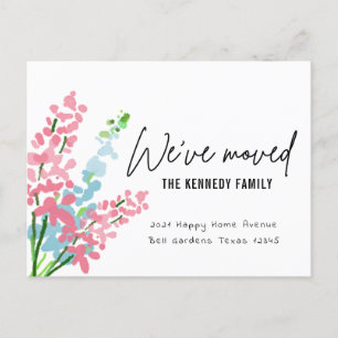 Cute Pink And Blue Watercolor Flowers We've Moved Announcement Postcard