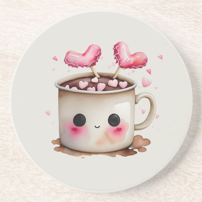 Cute Pink and Cream Watercolor Hot Chocolate Mug Coaster (Front)