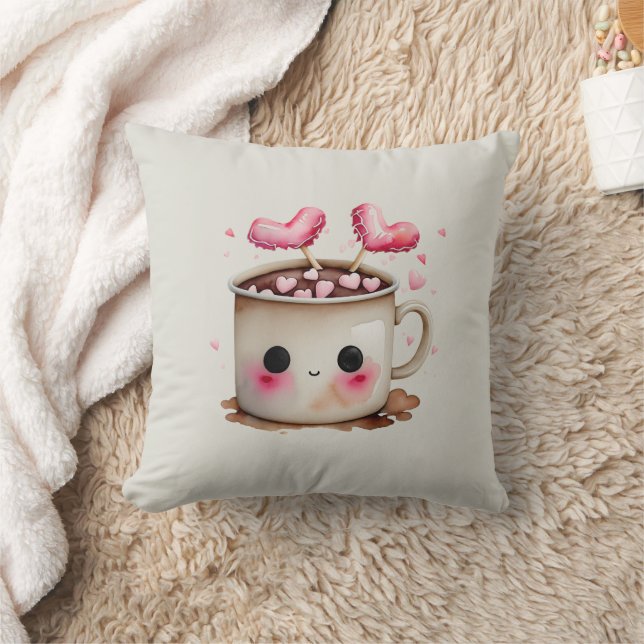 Cute Pink and Cream Watercolor Hot Chocolate Mug Cushion (Blanket)