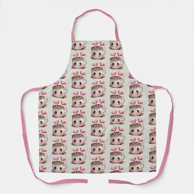 Cute Pink and Cream Watercolor Hot Cocoa Pattern Apron (Front)