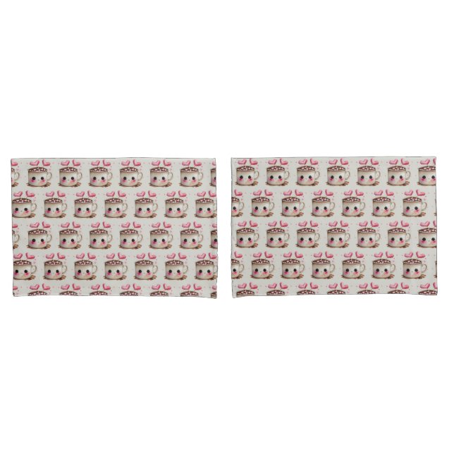 Cute Pink and Cream Watercolor Hot Cocoa Pattern Pillowcase (Front-Set)