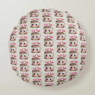 Cute Pink and Cream Watercolor Hot Cocoa Pattern Round Cushion