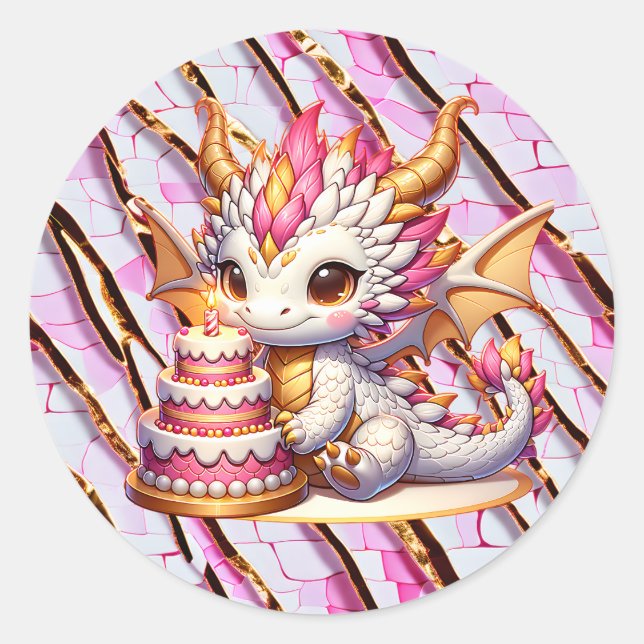 Cute Pink and Gold Dragon Girl's Birthday Party Classic Round Sticker (Front)