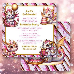 Cute Pink and Gold Dragon Girl's Birthday Party Invitation