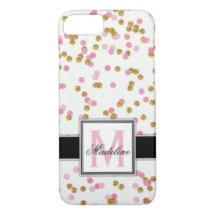 Cute Pink and Gold Glitter Confetti, Monogrammed iPhone 8/7 Case