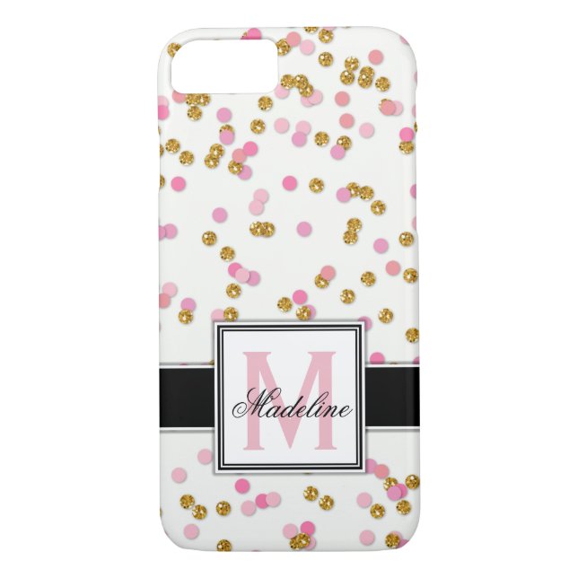 Cute Pink and Gold Glitter Confetti, Monogrammed Case-Mate iPhone Case (Back)