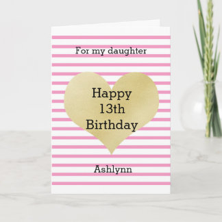 Cute Pink and Gold Heart 13th Birthday Daughter Card