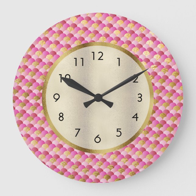 Cute Pink and Gold Mermaid Scales Large Clock (Front)