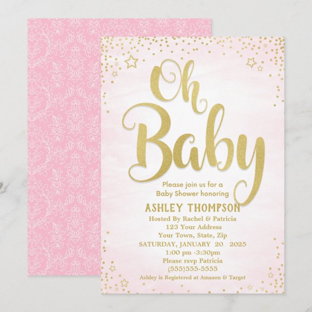 Cute Pink and Gold Oh Baby Stars Baby Shower Invitation (Front/Back)