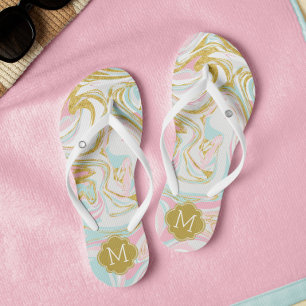 Cute Pink and Gold Suminagashi Monogrammed Flip Flops
