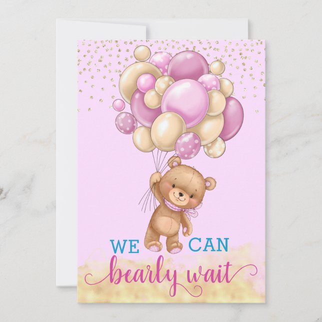 Cute Pink and Gold Teddy Bear Balloons Baby Shower Invitation (Front)